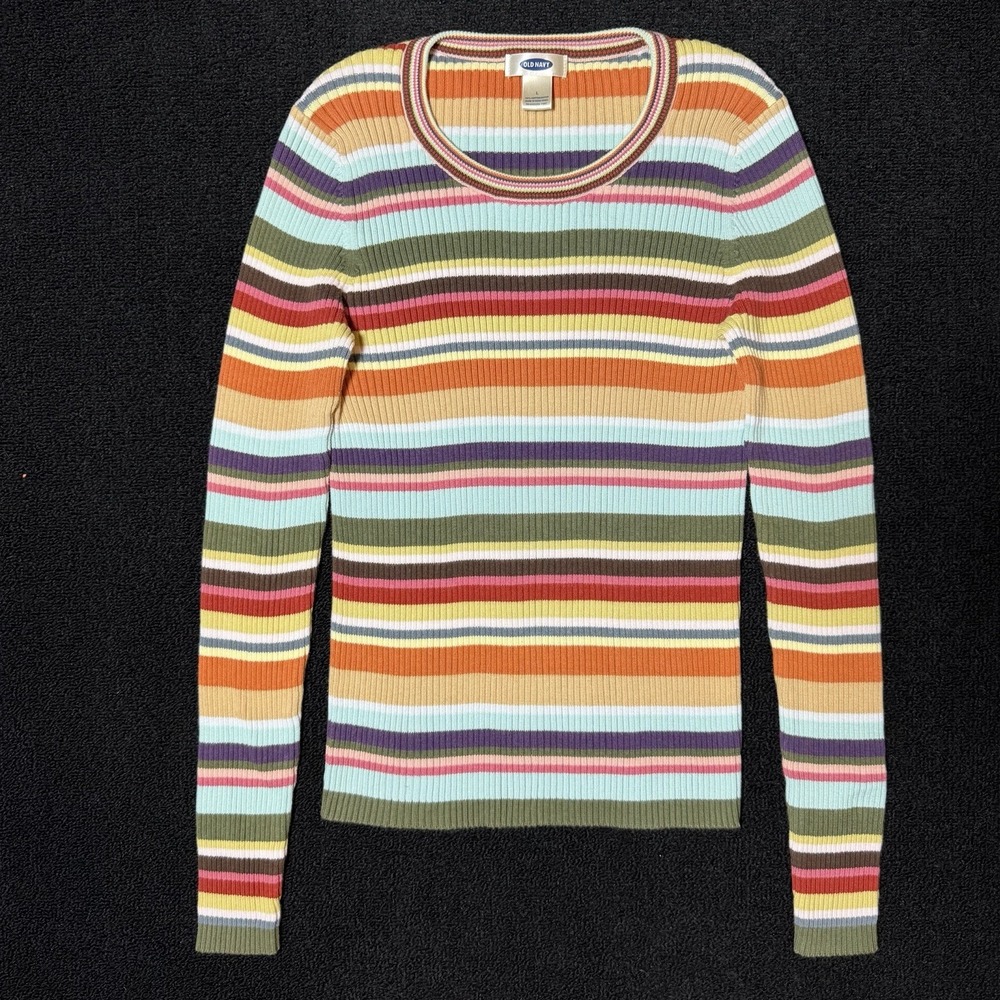 Old Navy Vintage Ribbed Sweater Womens Large Colorful Chunky Striped Y2K